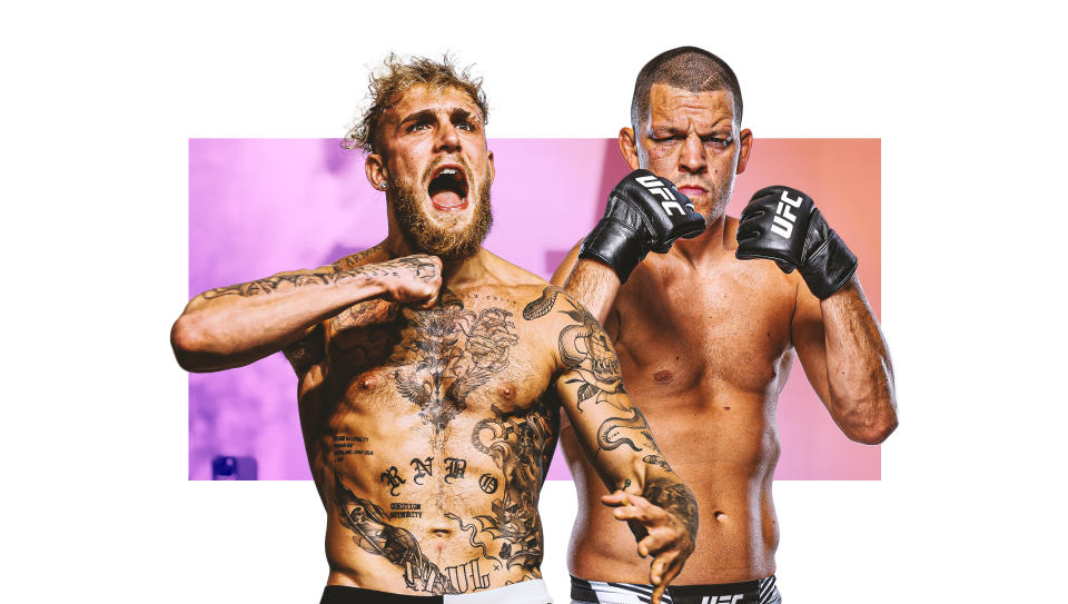 Jake Paul and Nate Diaz are set to box on Aug. 5 in Dallas. (Graphic by Michael Wagstaffe/Yahoo Sports)