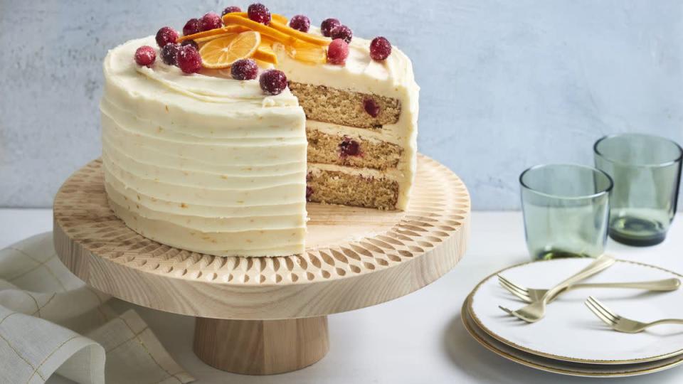 <p><strong>Recipe: <a href="https://www.southernliving.com/recipes/cranberry-orange-cake" rel="nofollow noopener" target="_blank" data-ylk="slk:Cranberry-Orange Cake with Orange Buttercream" class="link ">Cranberry-Orange Cake with Orange Buttercream</a></strong></p> <p>Cranberry and orange are a classic flavor pairing for a reason. Here they come together for a moist layer cake that is perfectly sweet and tart. </p>