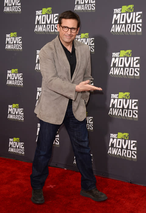 Funnyman Steve Carell - currently starring in 'The Incredible Burt Wonderstone' - isn't going to win any best dressed awards in this drab blazer and jeans.