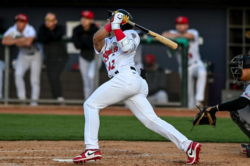 Lugnuts' Brayan Buelvas gets an RBI against the Loons during the fifth inning on Tuesday, April 9, 2024, at Jackson Field in Lansing.