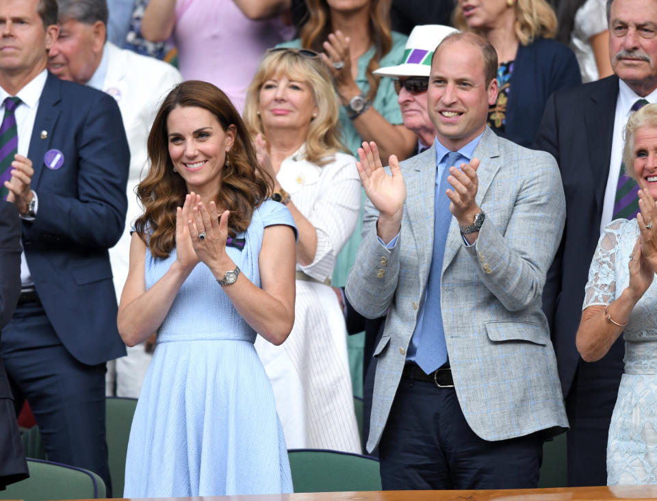 LONDON, ENGLAND - JULY 14: Catherine, Duchess of Cambridge and Prince William, Duke of Cambridge in the Royal Box on Centre court during Men's Finals Day of the Wimbledon Tennis Championships at All England Lawn Tennis and Croquet Club on July 14, 2019 in London, England. (Photo by Karwai Tang/Getty Images)