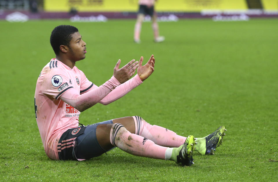 Rhian Brewster, del Sheffield United, en un partido por la Liga Premier ante el Burnley, en el estadio Turf Moor de Burnley, Inglaterra, el martes 29 de diciembre de 2020. (Alex Livesey/Pool vía AP)