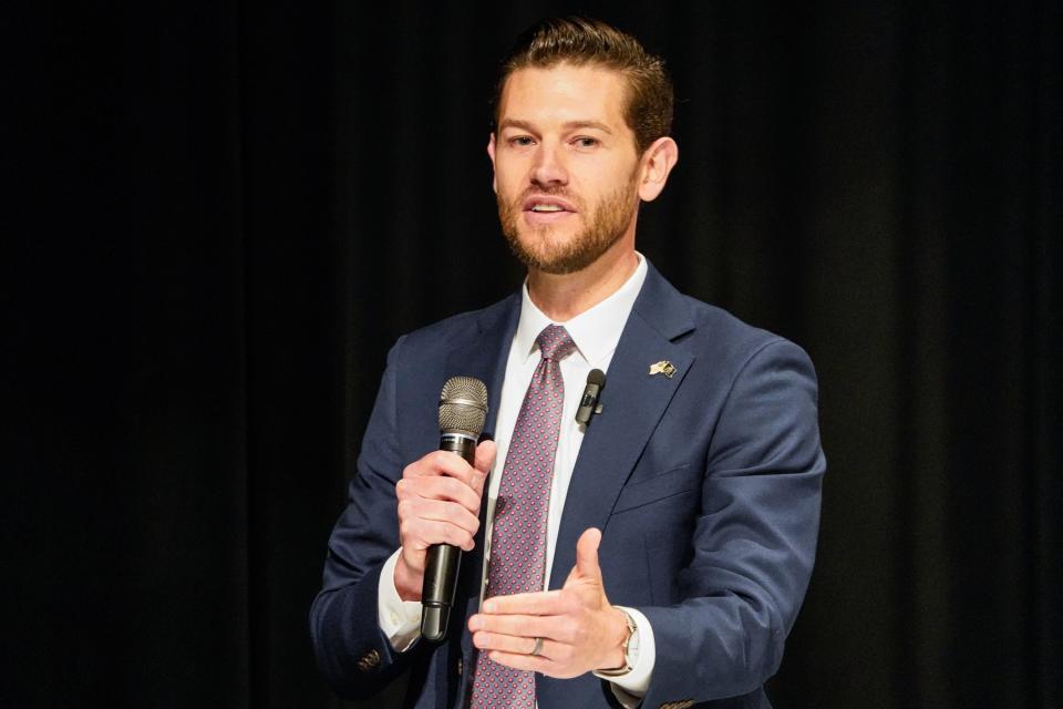 Max Engling speaks during a League of Women Voters forum on Thursday, April 4, 2024, at Anderson High School Auditorium in Anderson Ind. The forum included Republican and Democratic candidates running for the 5th Congressional District.