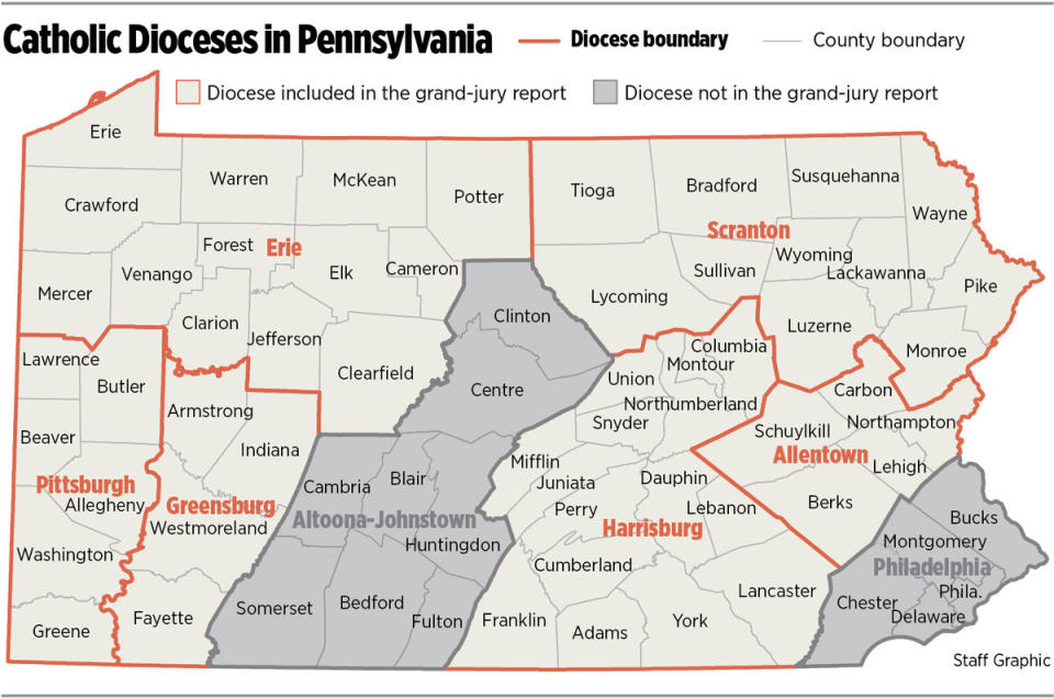 <span class="icon icon--xs icon__camera">  </span> <span class="credit font--s-m upper black"> <b>John Duchneskie</b> </span> <div class="caption space-half--right font--s-m gray--med db"> Map of Catholic dioceses and counties in Pennsylvania </div>