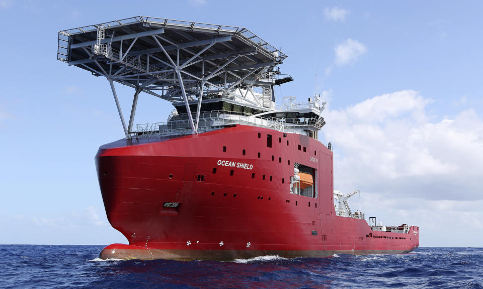 In this April 4, 2014, photo provided by the Australian Defense Force, the Australian Defense vessel Ocean Shield tows a pinger locator in the first search for the missing flight data recorder and cockpit voice recorder in the southern Indian Ocean. Ocean Shield, which is carrying high-tech sound detectors from the U.S. Navy, was investigating a sound it picked up. (AP Photo/Australian Defense Force, Lt. Kelly Lunt) EDITORIAL USE ONLY