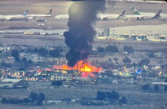 Firefighters battle blaze in Adelanto, near Southern California Logistics Airport located in Victorville.