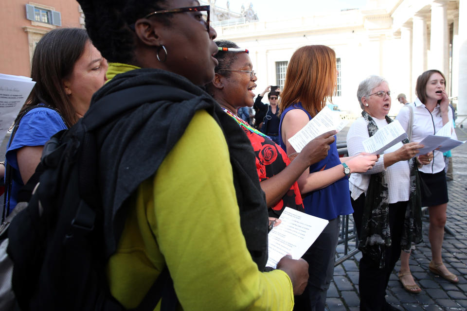 Members of a women's group sing in protest at the Synod Hall before the opening of the Synod of Bishops on 'Young People' on October 3, 2018 in Vatican City, Vatican. (Photo: Franco Origlia via Getty Images)