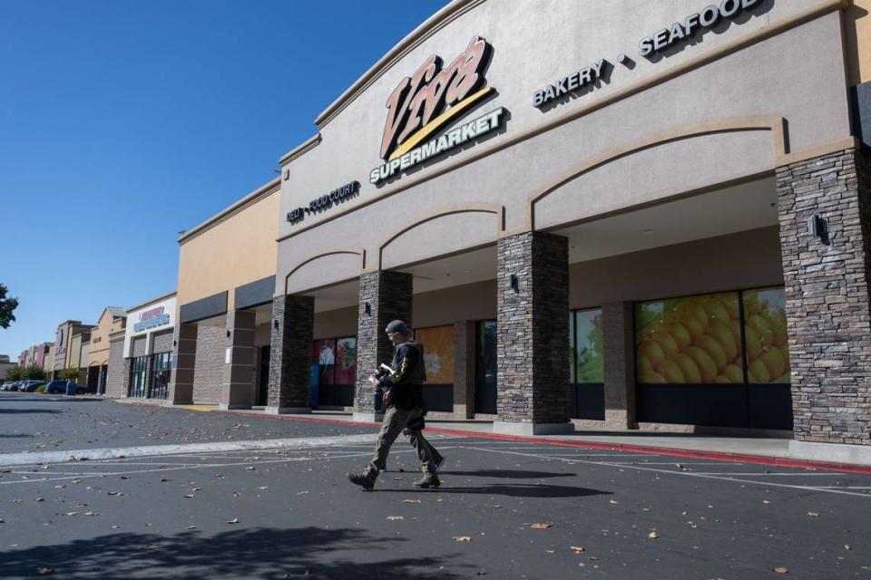 Homeland Security Investigations officers leave the Viva Supermarket on Folsom Boulevard in Rancho Cordova in October 2023 after federal agents temporarily closed the store, which is owned by Sacramento Councilman Sean Loloee.