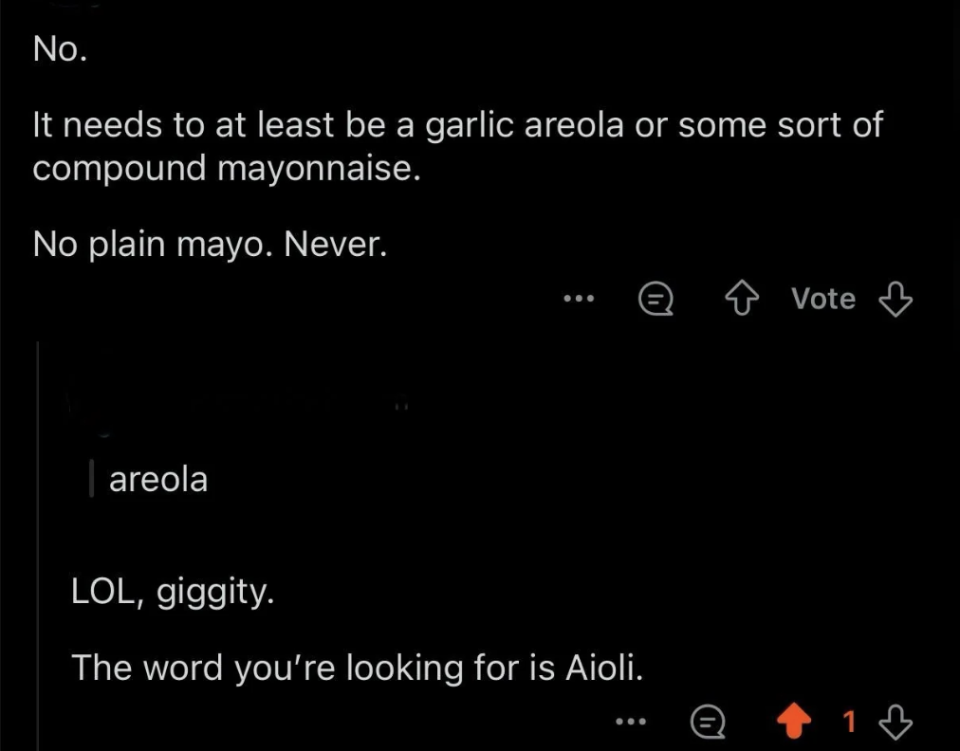 The image shows a screen capture of a humorous text exchange about mayonnaise and aioli