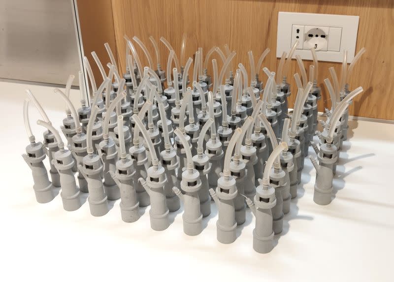 Valves produced with a 3D printer for hospitals are seen near the northern Italian city of Brescia, in Chiari