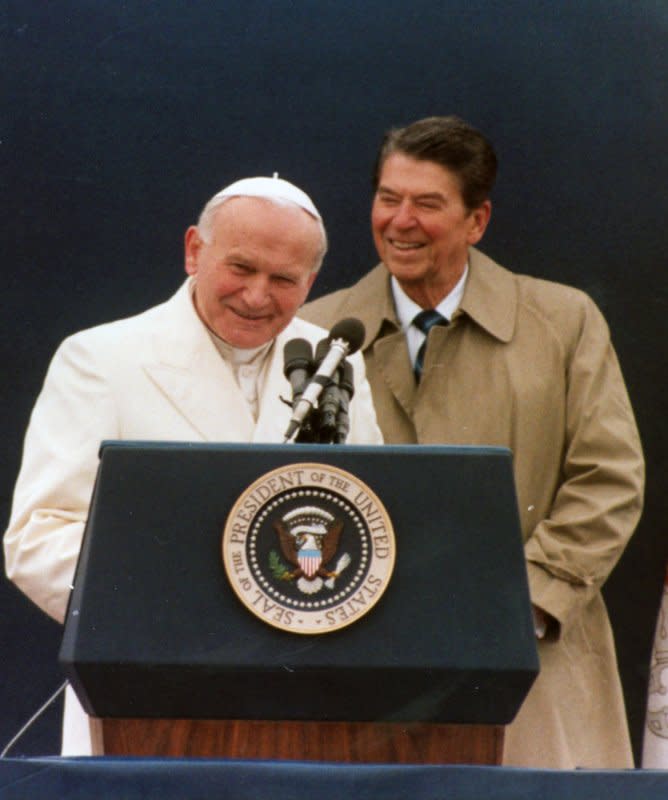 Pope John Paul II speaks at a press conference with President Ronald Reagan in Anchorage, Alaska, on May 2, 1984. On January 10, 1984, the United States established full diplomatic relations with the Vatican for the first time in 116 years. UPI File Photo