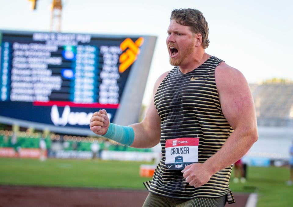 Ryan Crouser celebrates a throw to take the lead in the men's shot put at the USA Track and Field Championships Friday, June 24, 2022, at Hayward Field in Eugene, Ore. Crouser won the event with three throws over 23 meters.