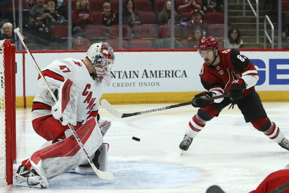 Carolina Hurricanes goaltender James Reimer (47) makes a save on a shot by Arizona Coyotes right wing Conor Garland (83) during the second period of an NHL hockey game Thursday, Feb. 6, 2020, in Glendale, Ariz. (AP Photo/Ross D. Franklin)