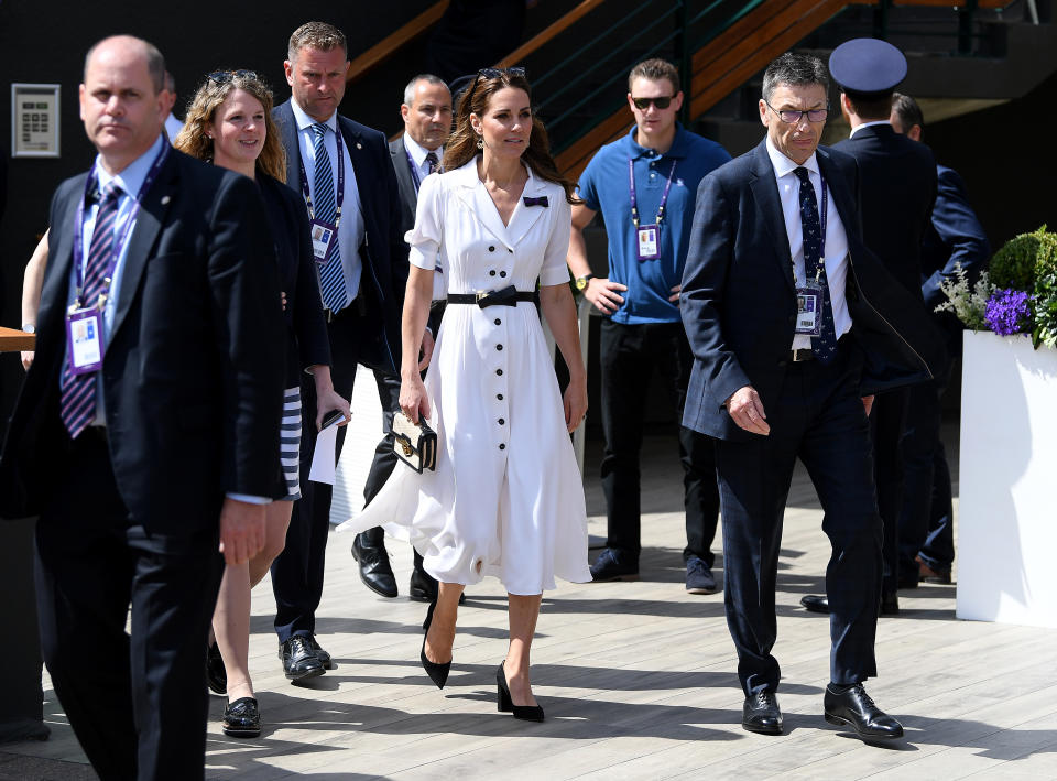 LONDON, ENGLAND - JULY 02: Catherine, Duchess of Cambridge attend Day two of The Championships - Wimbledon 2019 at All England Lawn Tennis and Croquet Club on July 02, 2019 in London, England. (Photo by Mike Hewitt/Getty Images)