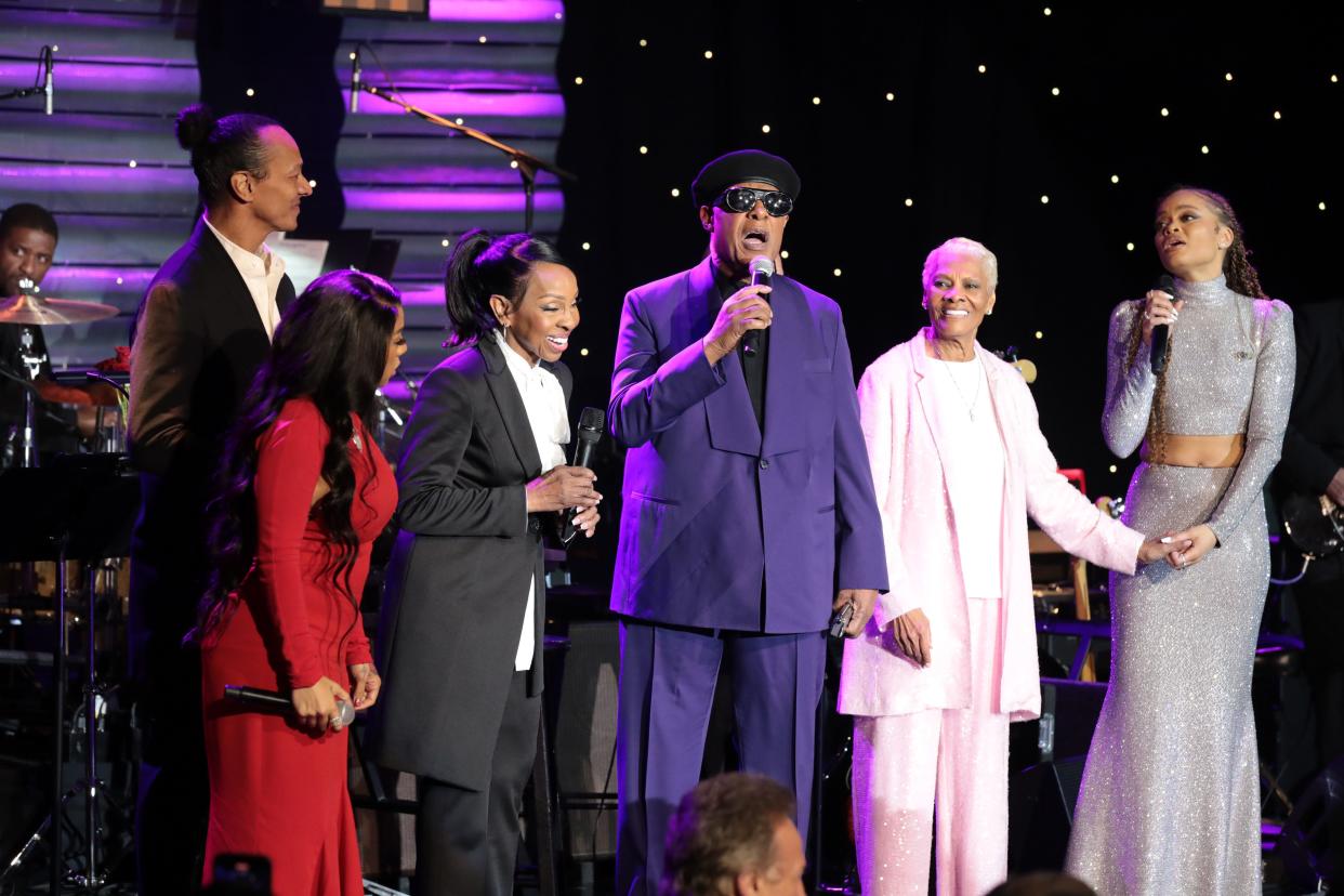 Keyshia Cole, Gladys Knight, Stevie Wonder, Dionne Warwick and Andra Day closed the annual Clive Davis Pre-Grammy Gala at the Beverly Hilton in Beverly Hills, California on Feb. 3, 2024.