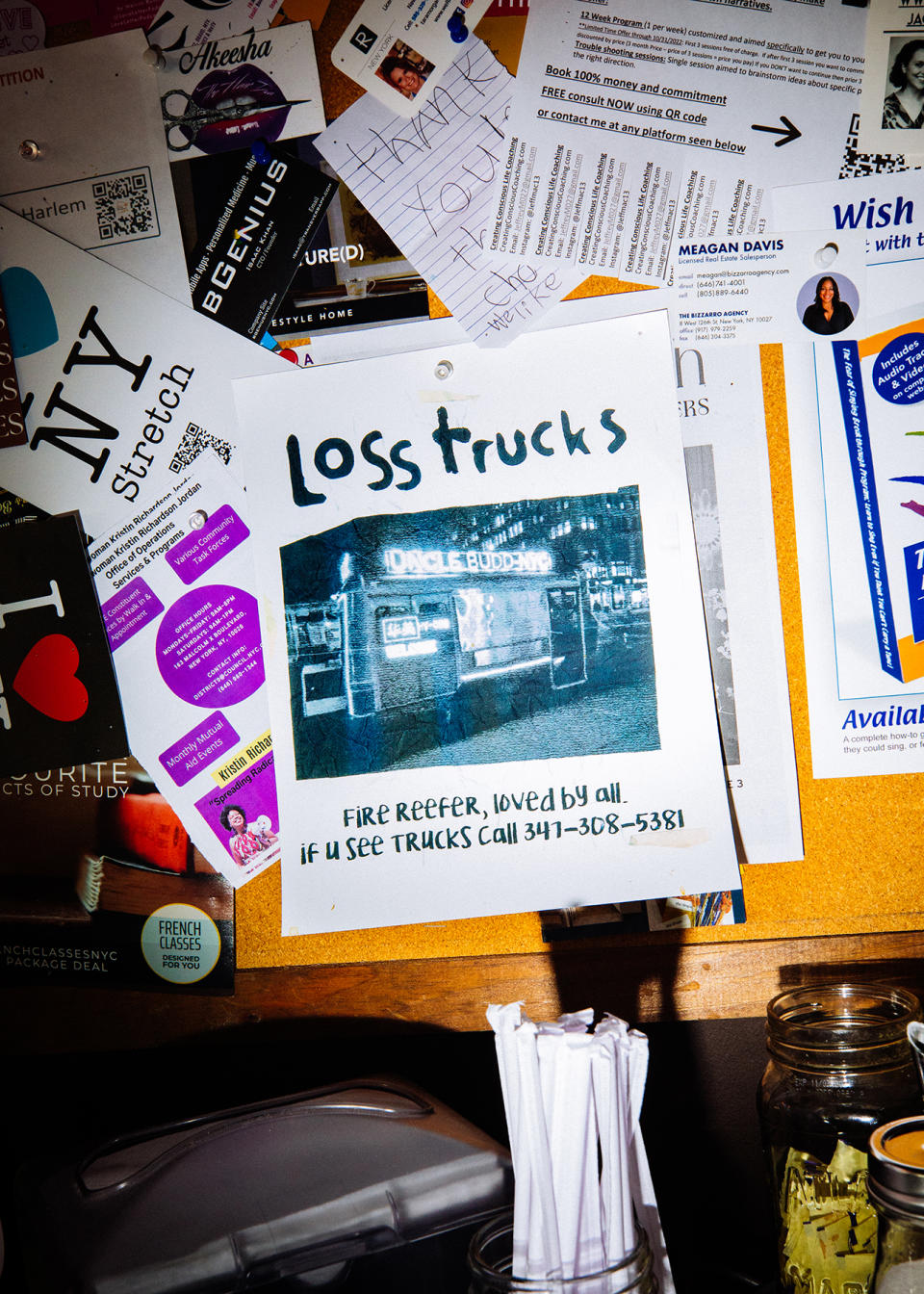 A flyer searching for Uncle Budd's trucks in a coffee shop in West Harlem, NYC on October 21, 2022.
