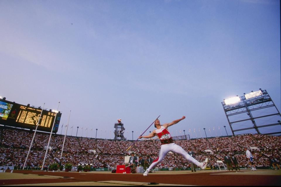 3 Aug 1996:   Boris Henry of Germany in action in the men's Javelin final in the Olympic stadium at the 1996 Centennial Olympic Games at Atlanta. Mandatory credit: Mike Hewitt/Allsport.