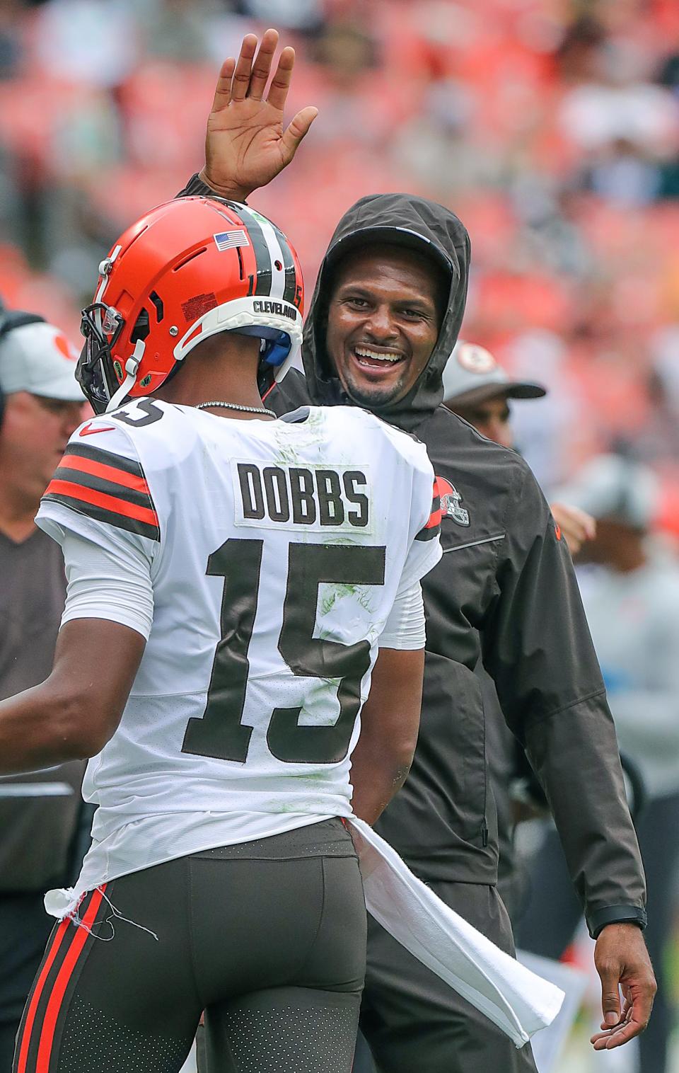 Cleveland Browns quarterback Josh Dobbs gets a pat on the head from Deshaun Watson after scoring against the Philadelphia Eagles on Sunday, Aug. 21, 2022 in Cleveland, Ohio, at FirstEnergy Stadium.