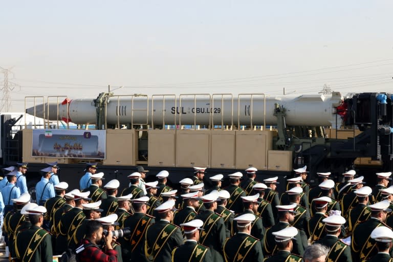 Iran displays its new Jihad ballistic missile at a military parade in Tehran amid Western allegations it has been supplying missiles to Russia for use in Ukraine (ATTA KENARE)