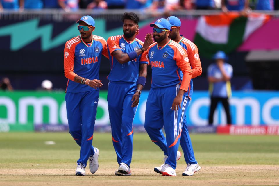 India players celebrate the wicket of Fakhar Zaman of Pakistan during the ICC Men's T20 Cricket World Cup West Indies & USA 2024 match between India and Pakistan at Nassau County International Cricket Stadium on June 09, 2024 in New York, New York.