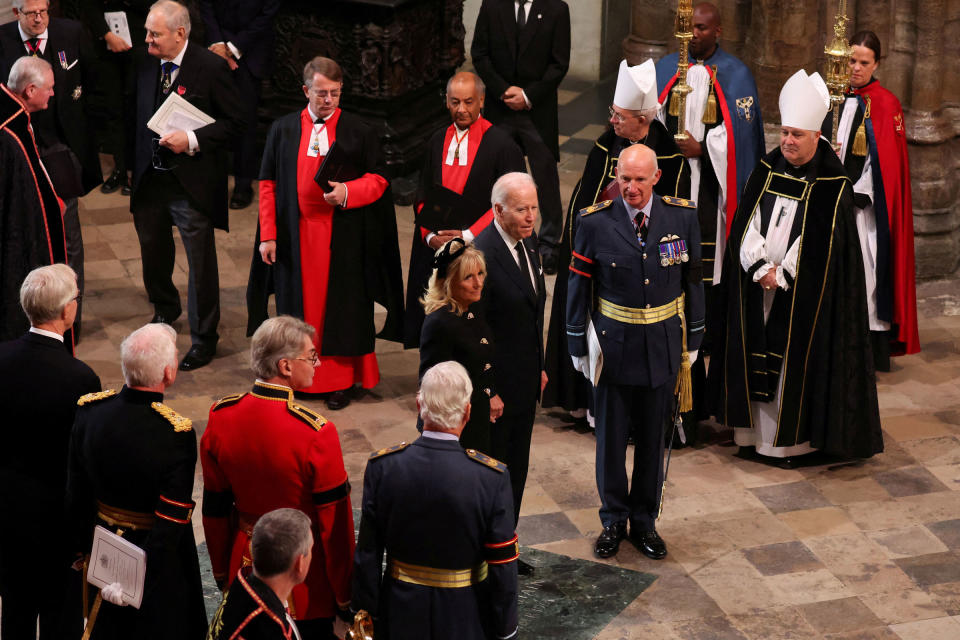 U.S. President Joe Biden and First Lady Jill Biden arrive at Westminster Abbey in London on Sept. 19, 2022, for the State Funeral Service for Britain's Queen Elizabeth II.<span class="copyright">Phil Noble—Pool/AFP/Getty Images</span>