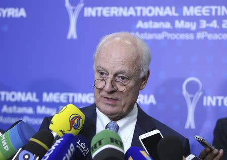 U.N. Special Envoy for Syria Staffan de Mistura speaks to the media during the fourth round of Syria peace talks in Astana, Kazakhstan, May 4, 2017. REUTERS/Mukhtar Kholdorbekov