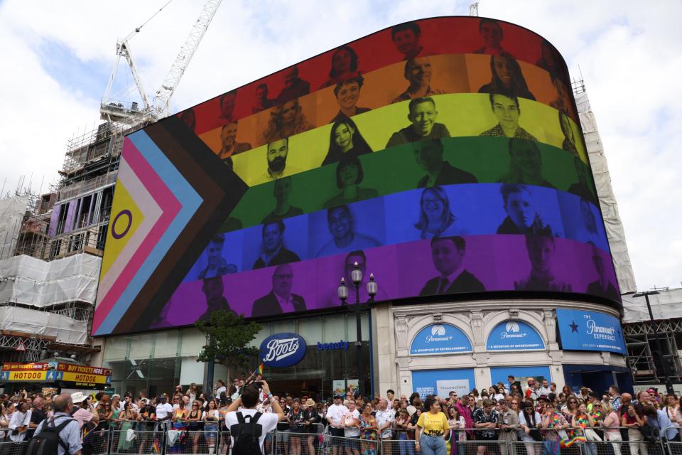 Piccadilly Circus during Pride in London 2022 celebrations.