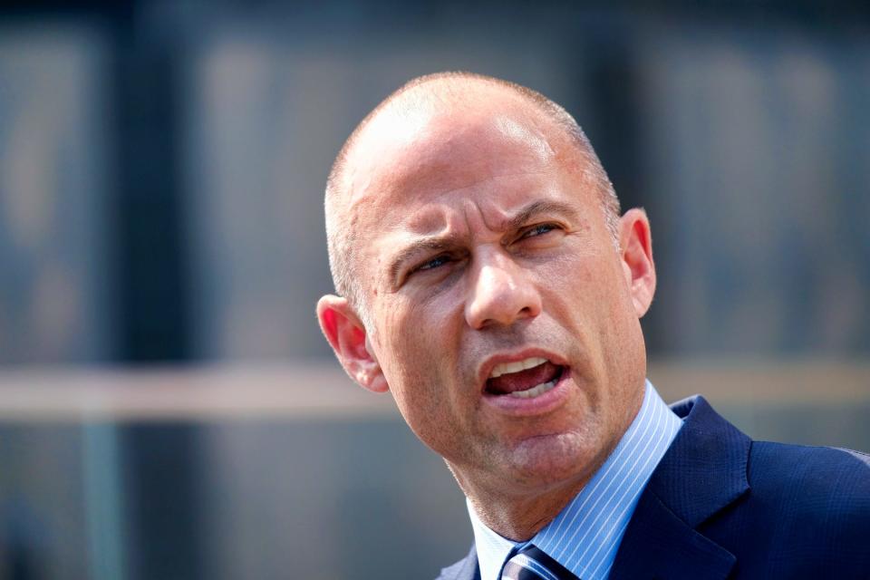 FILE - In this Friday, July 27, 2018 file photo, Michael Avenatti, the attorney for porn actress Stormy Daniels talks to the media during a news conference in front of the U.S. Federal Courthouse in Los Angeles. A federal judge has thrown out a lawsuit against President Donald Trump by porn actress Stormy Daniels that sought to tear up a hush-money settlement about an alleged affair. Judge S. James Otero ruled Thursday, March 7, 2019, in U.S. District Court that the suit was irrelevant after Trump and his former personal lawyer agreed to rescind a nondisclosure agreement Daniels signed in exchange for a $130,000 payment. (AP Photo/Richard Vogel, File)