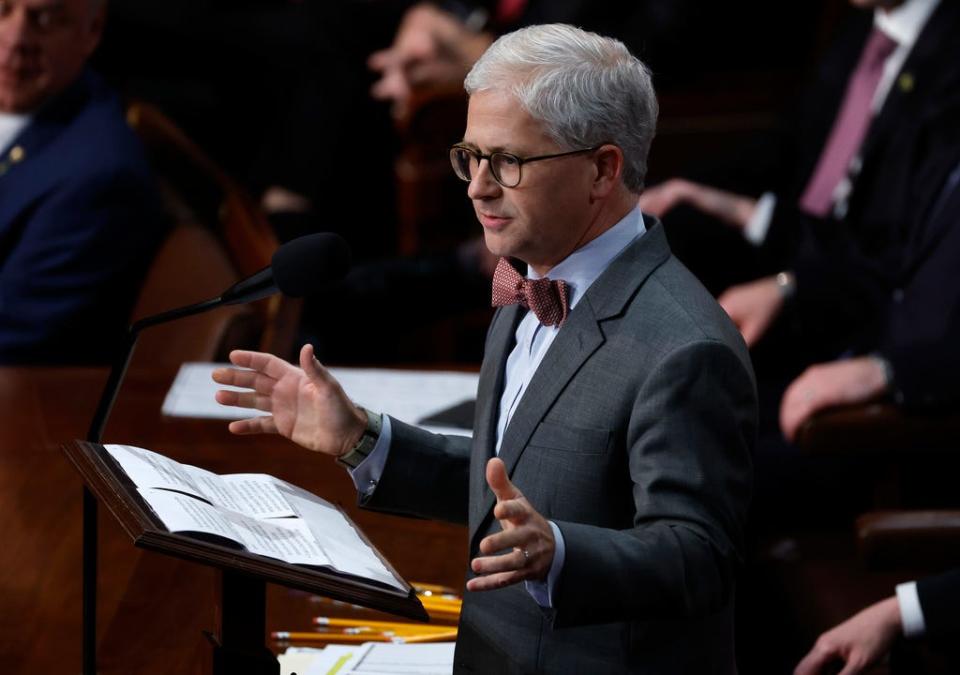 Then-Rep.-elect Patrick McHenry, R-N.C., delivers remarks in the House Chamber during the fourth day of voting for Speaker of the House at the U.S. Capitol Building on January 06, 2023 in Washington, DC.