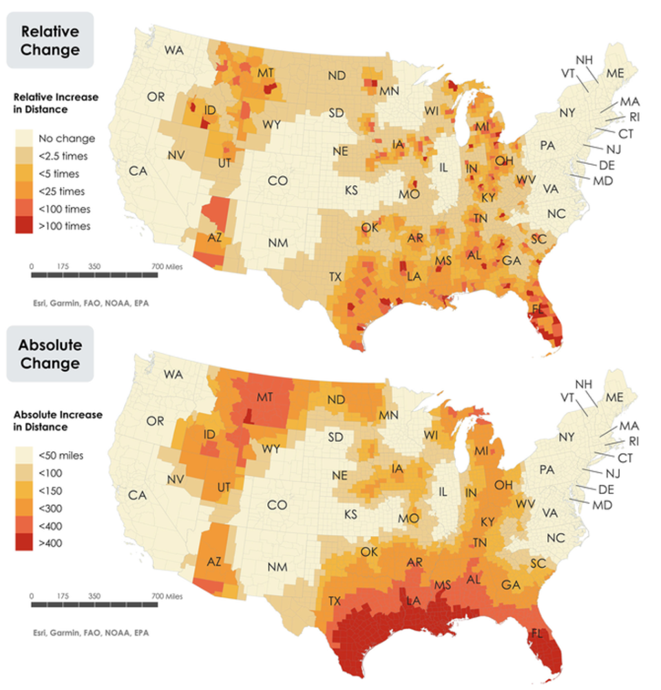 Relative change in distance to an abortion clinic from every county in the contiguous US (Kelly et. al. (2022) Utah Women's Health)