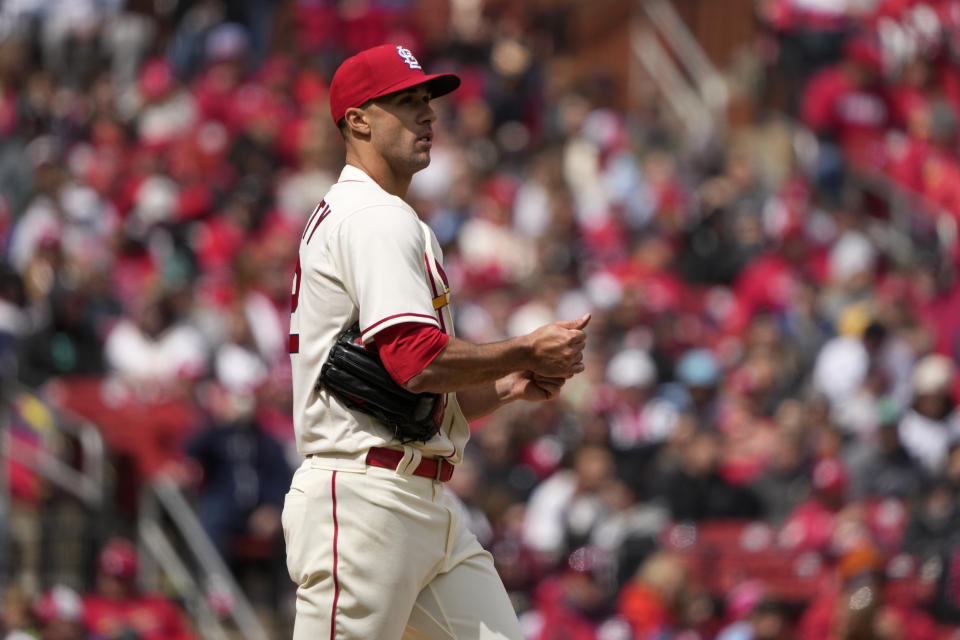 St. Louis Cardinals starting pitcher Jack Flaherty pauses on the mound during the third inning of a baseball game against the Toronto Blue Jays Saturday, April 1, 2023, in St. Louis. (AP Photo/Jeff Roberson)