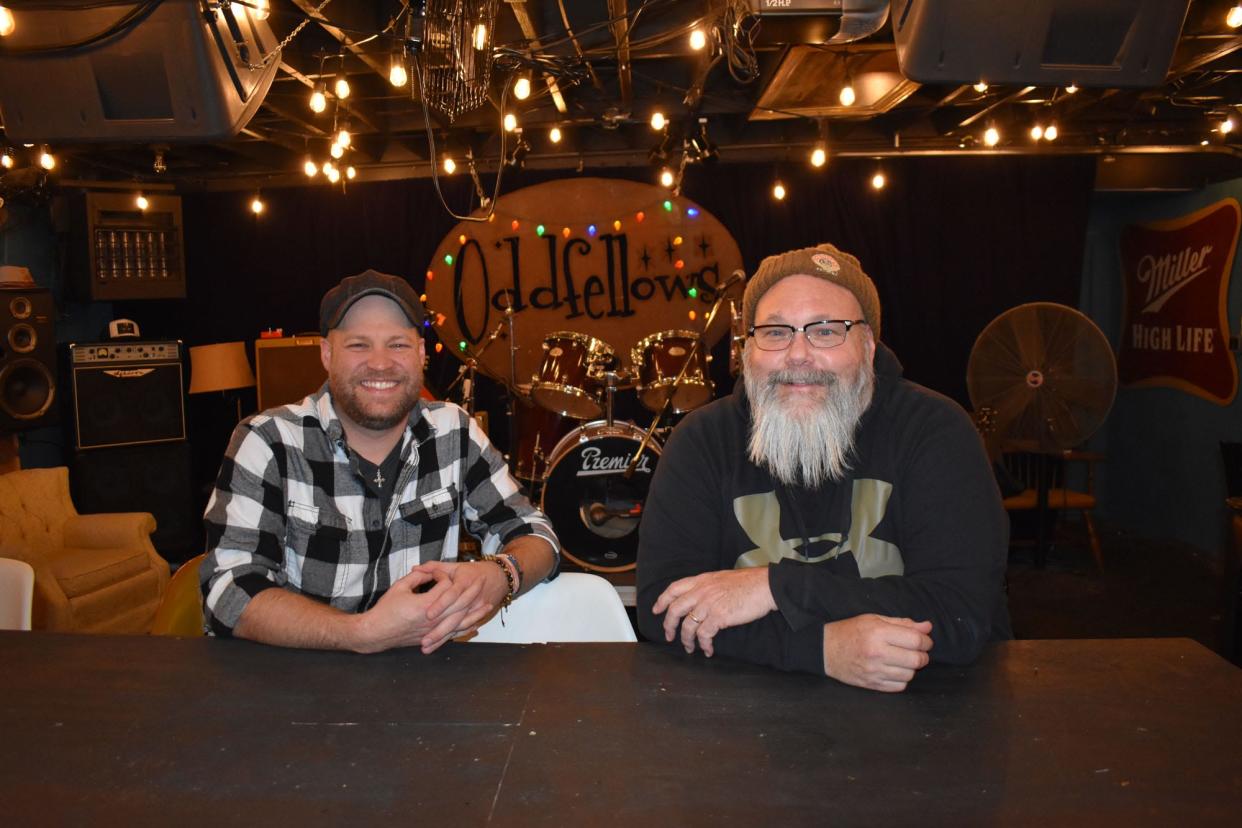 Great Caesar's Goat founders Spencer Braly (left) and Chris Patterson pose for a photo in the practice space at Patterson's Nevada home. Both men have recently dropped solo albums, and the band also has a new CD. A celebration will be held at Alluvial Brewing Company at 7 p.m. Thursday.