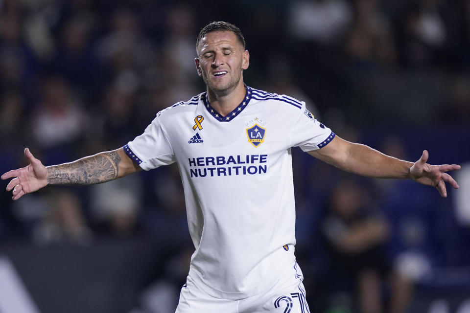 LA Galaxy forward Billy Sharp reacts during the second half of an MLS soccer match against the Portland Timbers, Saturday, Sept. 30, 2023, in Carson, Calif. (AP Photo/Ryan Sun)