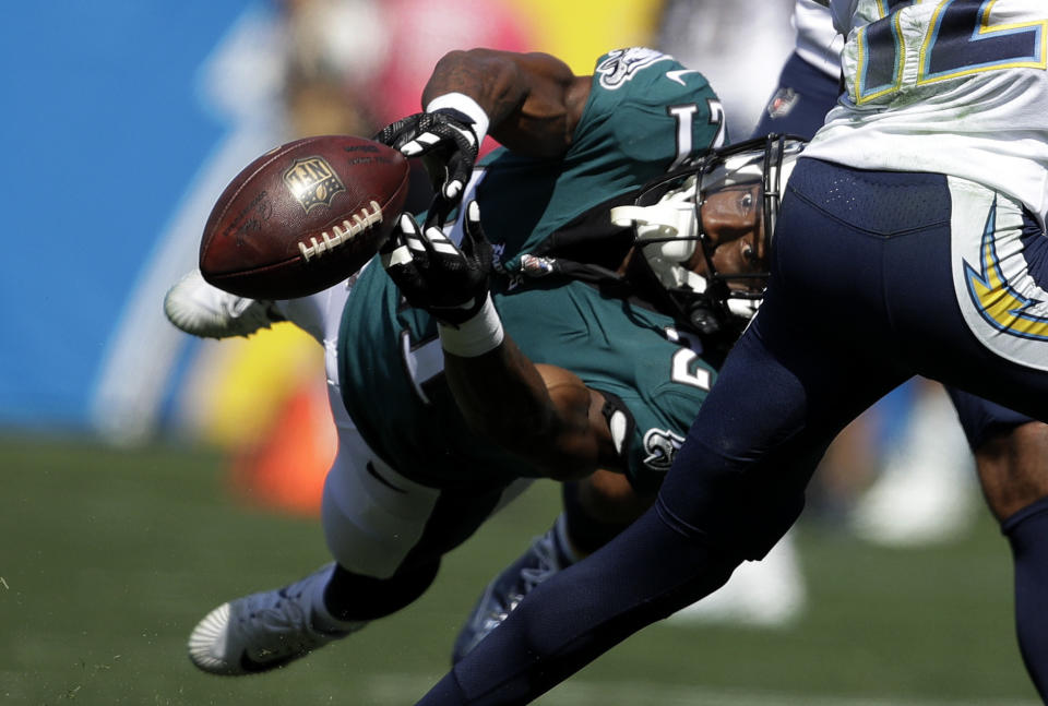 <p>Philadelphia Eagles defensive back Patrick Robinson can’t make the interception during the first half of an NFL football game against the Los Angeles Chargers Sunday, Oct. 1, 2017, in Carson, Calif. (AP Photo/Jae C. Hong) </p>