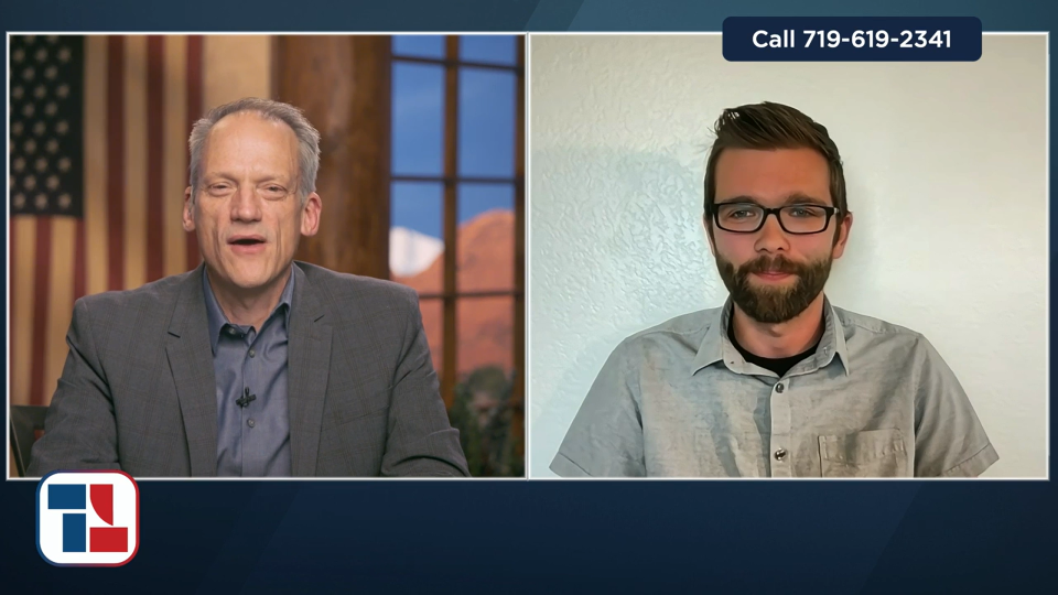 Richard Harris (left), the executive director of the Truth and Liberty Coalition based in Woodland Park, virtually interviews Pueblo pastor Quin Friberg on a September 19, 2023 live call-in show.