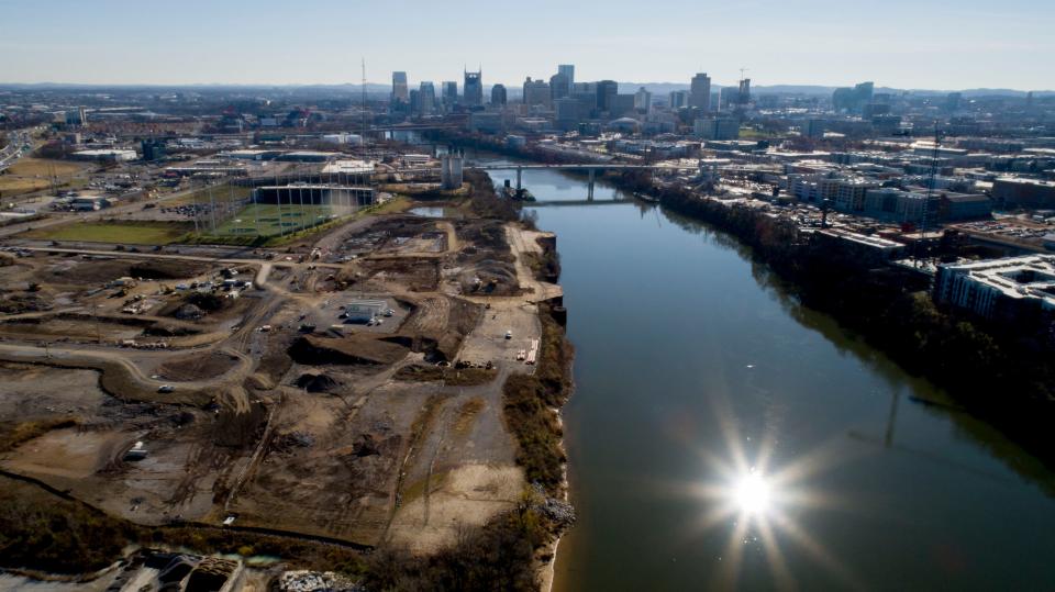 The Cumberland River runs through Nashville, Tenn., on Dec. 8, 2021. The area is slated for a massive redevelopment project.