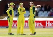 Cricket - Australia vs India - Women's Cricket World Cup Semi Final - Derby, Britain - July 20, 2017 Australia's Ellyse Perry directs Alex Blackwell and Meg Lanning Action Images via Reuters/Jason Cairnduff