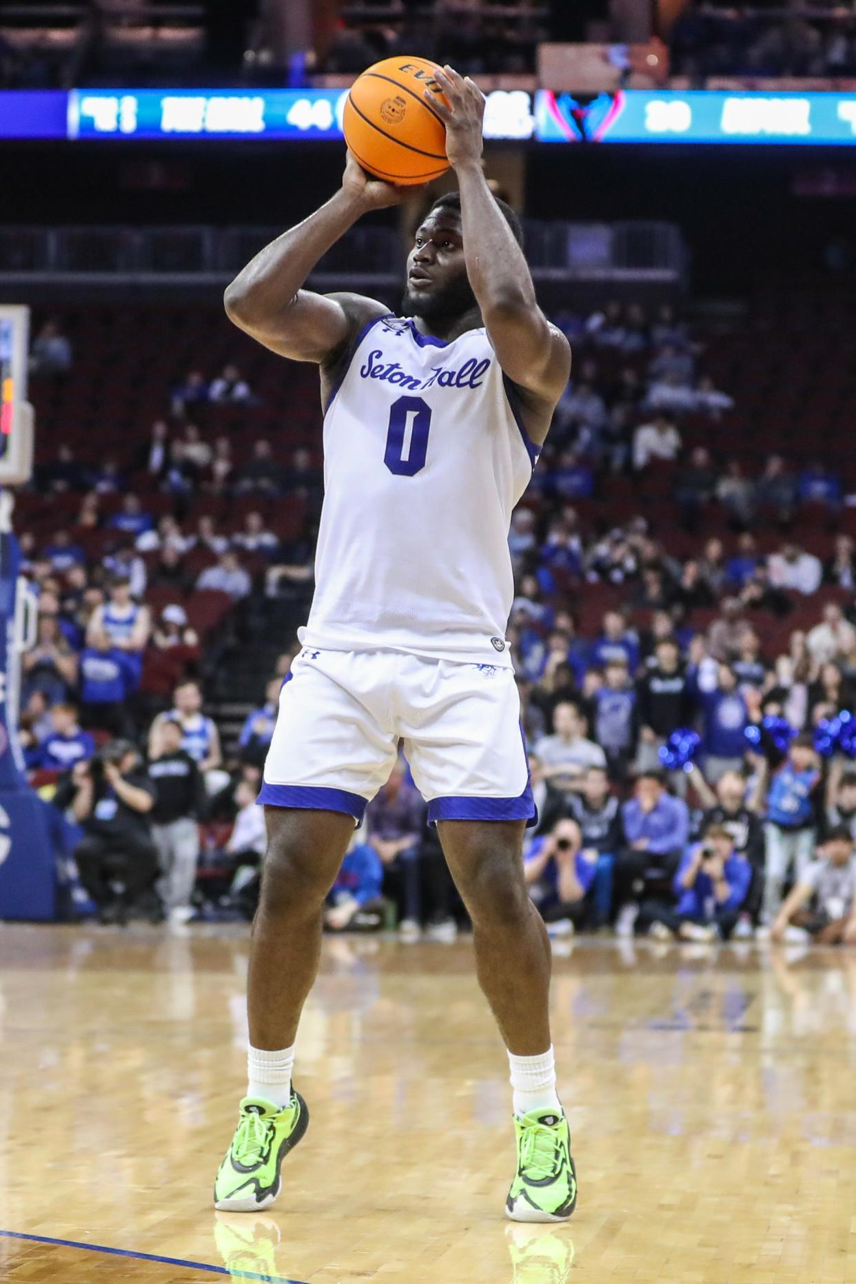 Mar 9, 2024; Newark, New Jersey, USA; Seton Hall Pirates guard Dylan Addae-Wusu (0) takes a three point shot in the second half against the DePaul Blue Demons at Prudential Center. Mandatory Credit: Wendell Cruz-USA TODAY Sports