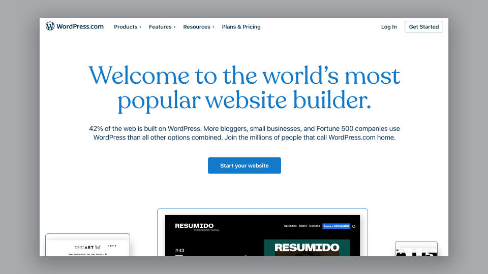 Homepage of Wordpress.com, with the headline 'Welcome to the world's most popular website builder''