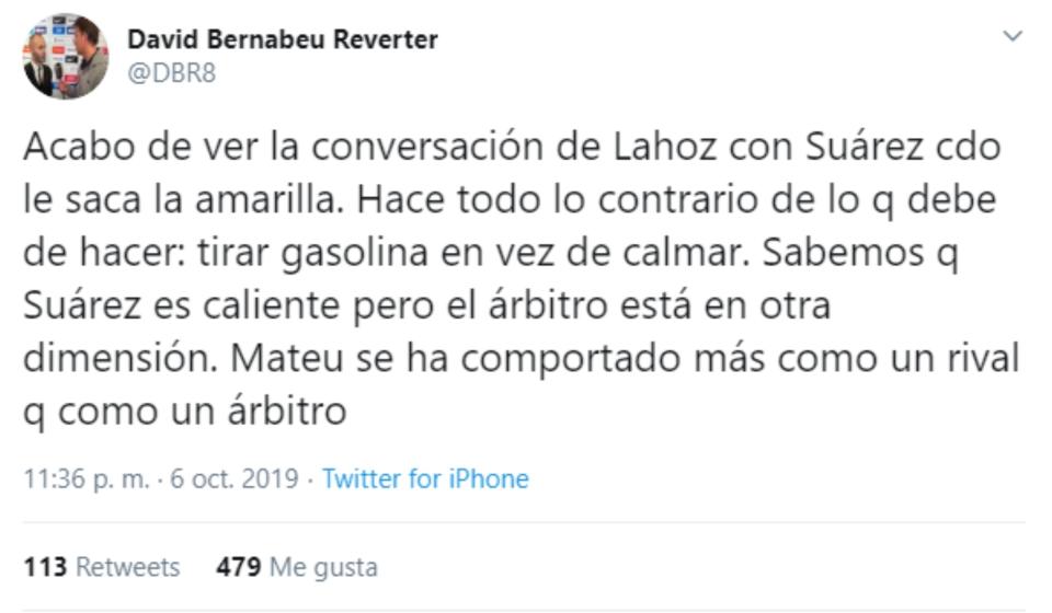 Sobre el duelo de miradas entre Luis Suárez y Mateu en un momento del encuentro, David Bernabéu, de Deportes Cuatro, decía que el colegiado se había comportado “como un rival”. (Foto: Twitter / <a href="http://twitter.com/DBR8/status/1180960159583150080" rel="nofollow noopener" target="_blank" data-ylk="slk:@DBR8;elm:context_link;itc:0;sec:content-canvas" class="link ">@DBR8</a>).