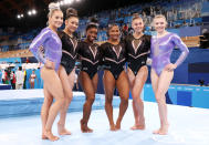 <p>(L-R) MyKayla Skinner, Sunisa Lee, Simone Biles, Jordan Chiles, Grace McCallum and Jade Carey.</p> 