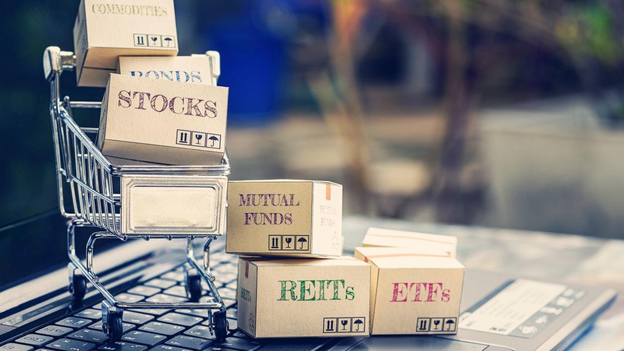 Cartons of financial instruments and a shopping cart.