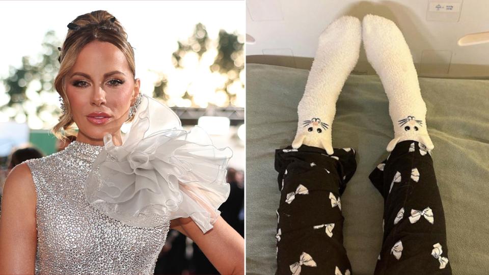 Side by side photos of Kate Beckinsale and her Easter socks