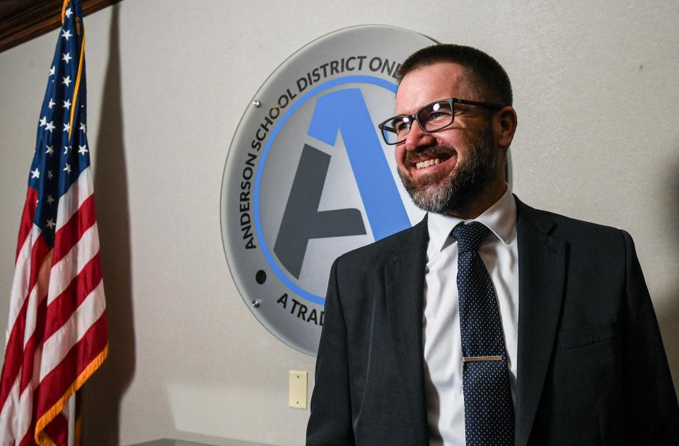 Dr Seth Young, photographed in the Anderson School District One board room, was named Superintendent in January 2024.