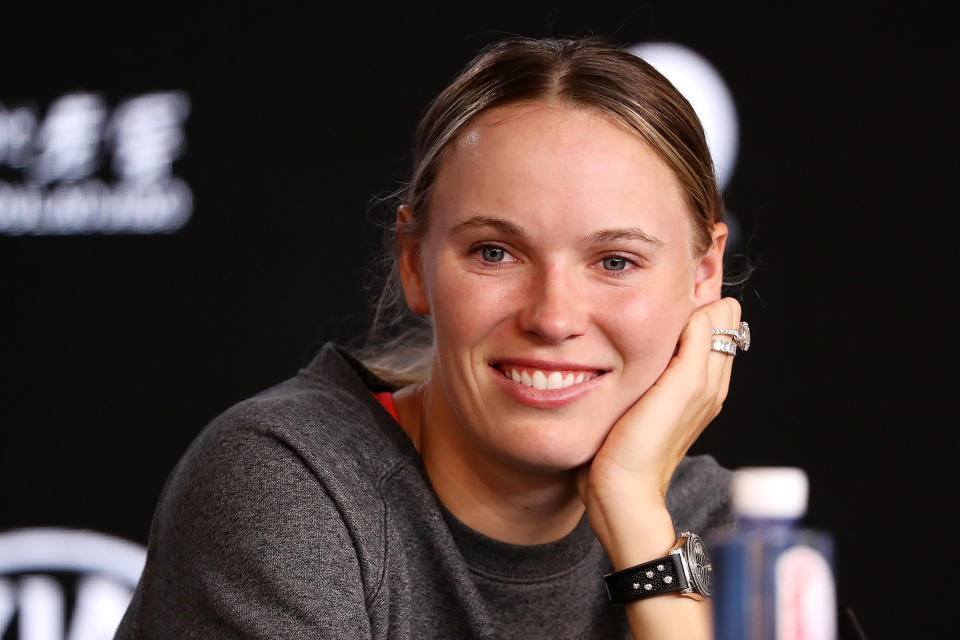 MELBOURNE, AUSTRALIA - JANUARY 24: Caroline Wozniacki of Denmark smiles as she speaks to media during an interview following her Women's Singles third round defeat to Ons Jabeur of Tunisia on day five of the 2020 Australian Open at Melbourne Park on January 24, 2020 in Melbourne, Australia. (Photo by Mark Kolbe/Getty Images)