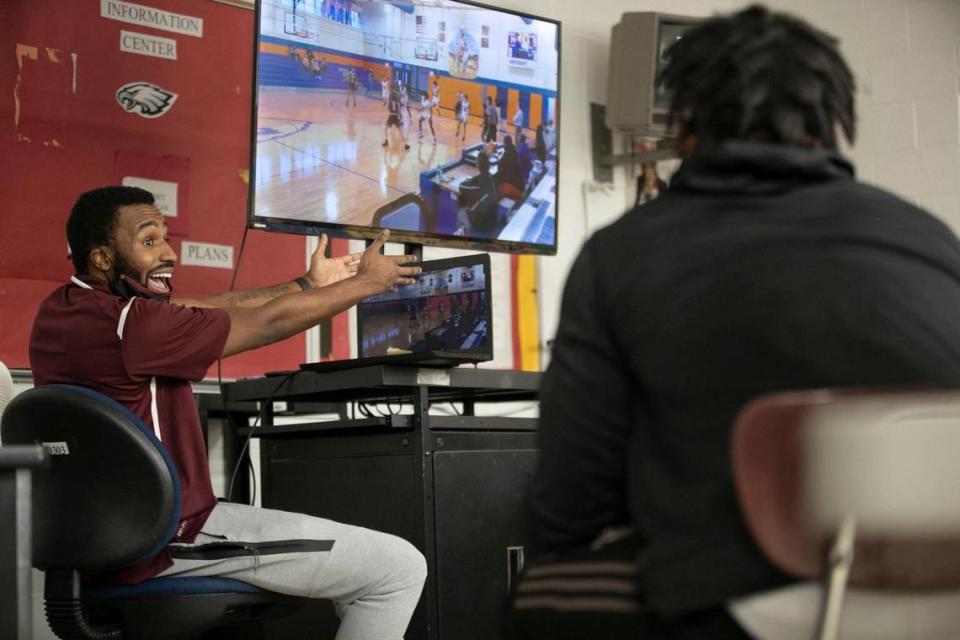 Warren County High School coach Toriano McRae Jr. goes over video of the team’s previous game as they prepare to play Webb High School on Friday, January 29, 2021 in Warrenton, N.C.