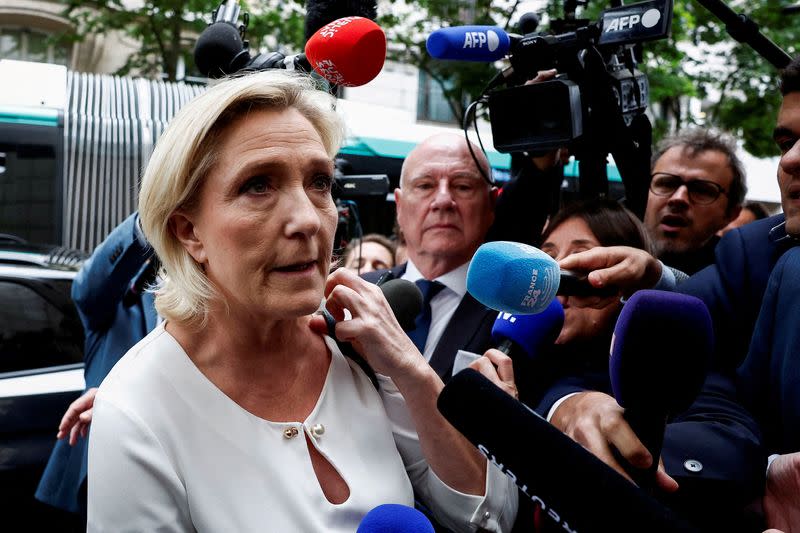 FILE PHOTO: Marine Le Pen, member of parliament and French far-right National Rally (Rassemblement National - RN) party leader, arrives at the RN party headquarters in Paris