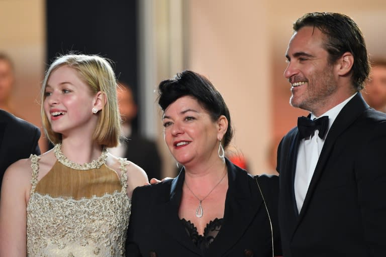 (From L) Russian-US actress Ekaterina Samsonov, British director Lynne Ramsay and US actor Joaquin Phoenix arrive for the screening of the film 'You Were Never Really Here', at the 70th edition of the Cannes Film Festival, on May 27, 2017