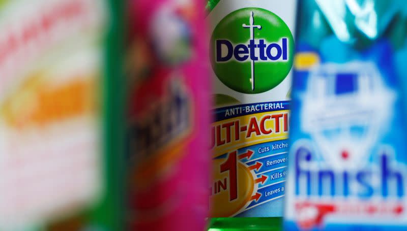 FILE PHOTO: Products produced by Reckitt Benckiser; Harpic, Vanish, Dettol and Finish, are seen in London