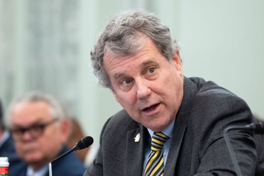 FILE – Sen. Sherrod Brown speaks during a Senate Commerce, Science, and Transportation Committee hearing on improving rail safety in response to the East Palestine, Ohio train derailment, on Capitol Hill in Washington, March 22, 2023. (AP Photo/Manuel Balce Ceneta, File)